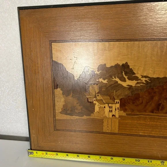 Vintage "Lake Geneva" Castle of Chillon Handmade Marquetry Inlaid Wood Picture - Picture 5 of 6